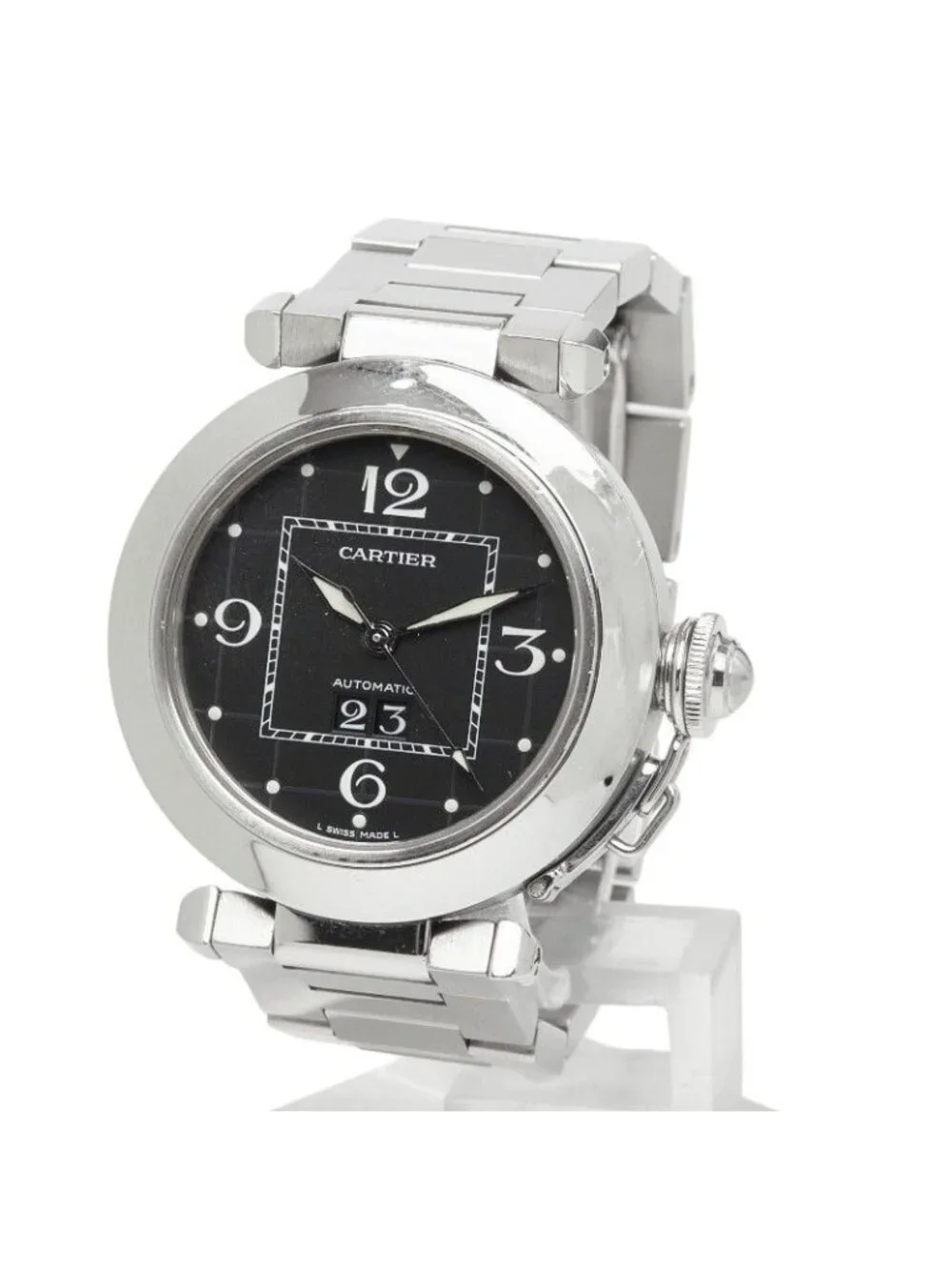 Cartier Pasha C Big Date Watch Black Silver Stainless Steel